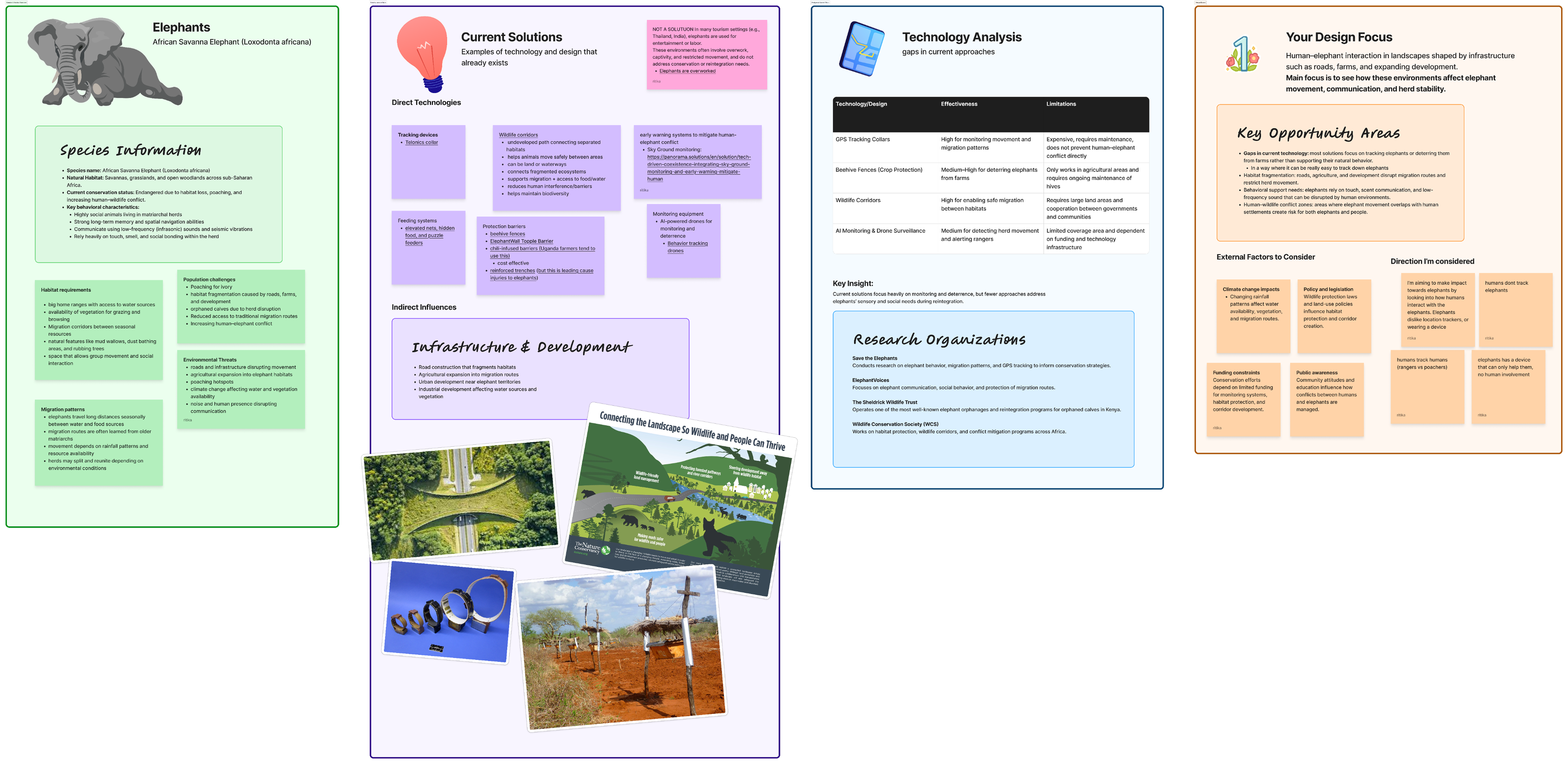 Research synthesis board covering species information, current solutions, a technology gap analysis, and the design focus