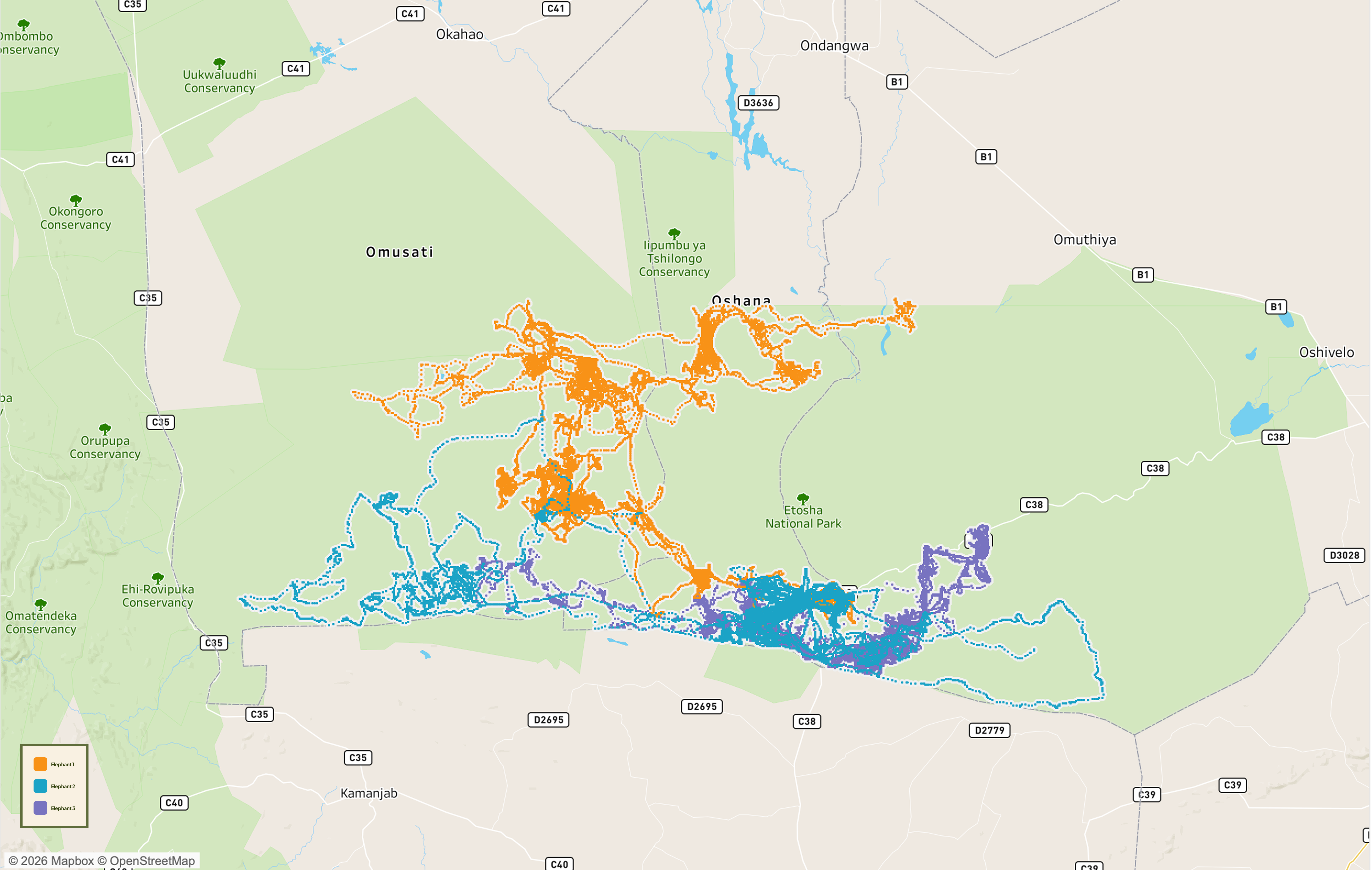 Tableau map of elephant movement in Etosha