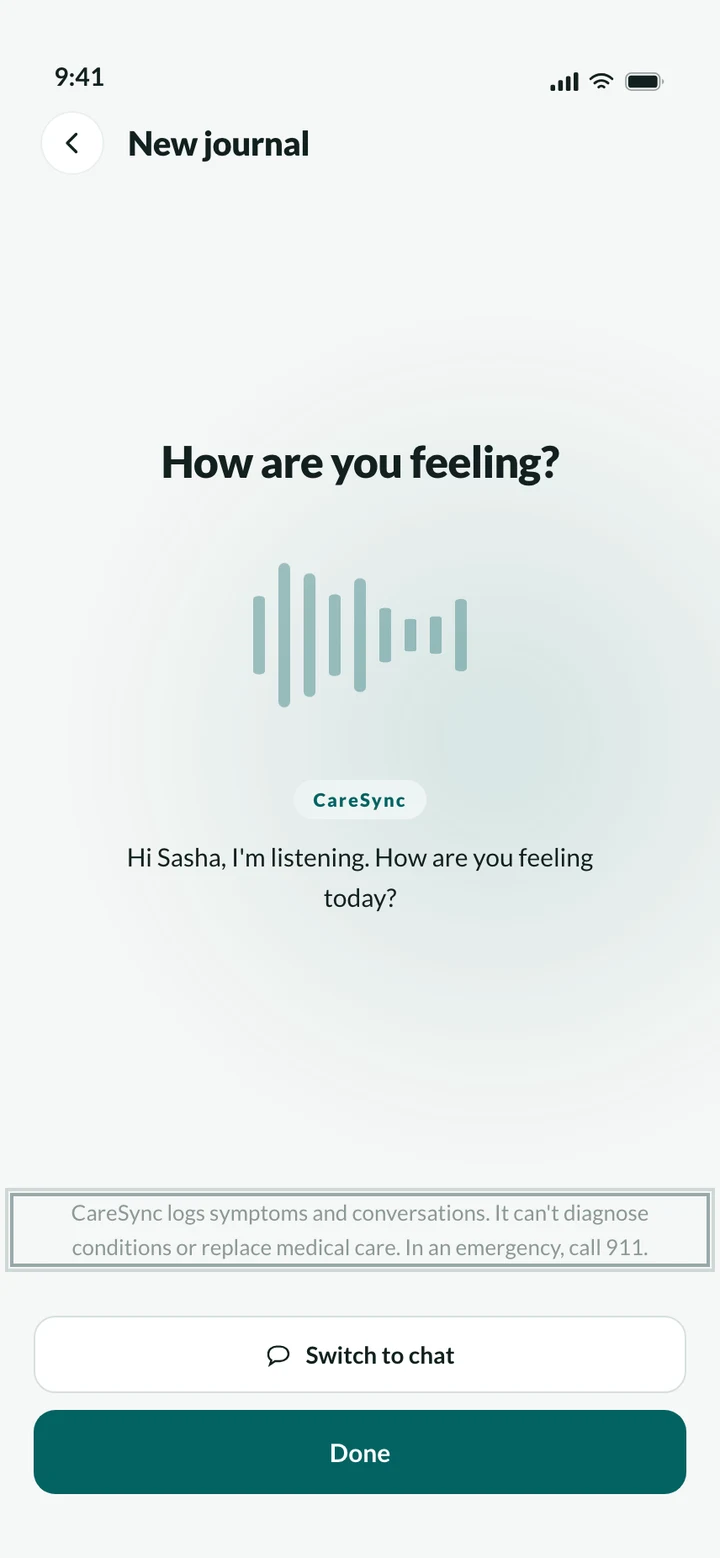 CareSync journal with the note saying it cannot diagnose and to call 911 in an emergency