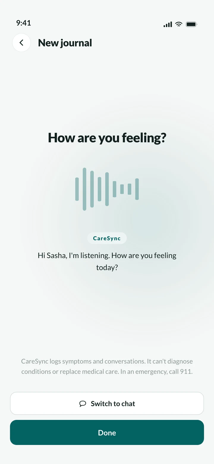CareSync listening while you talk through your symptoms