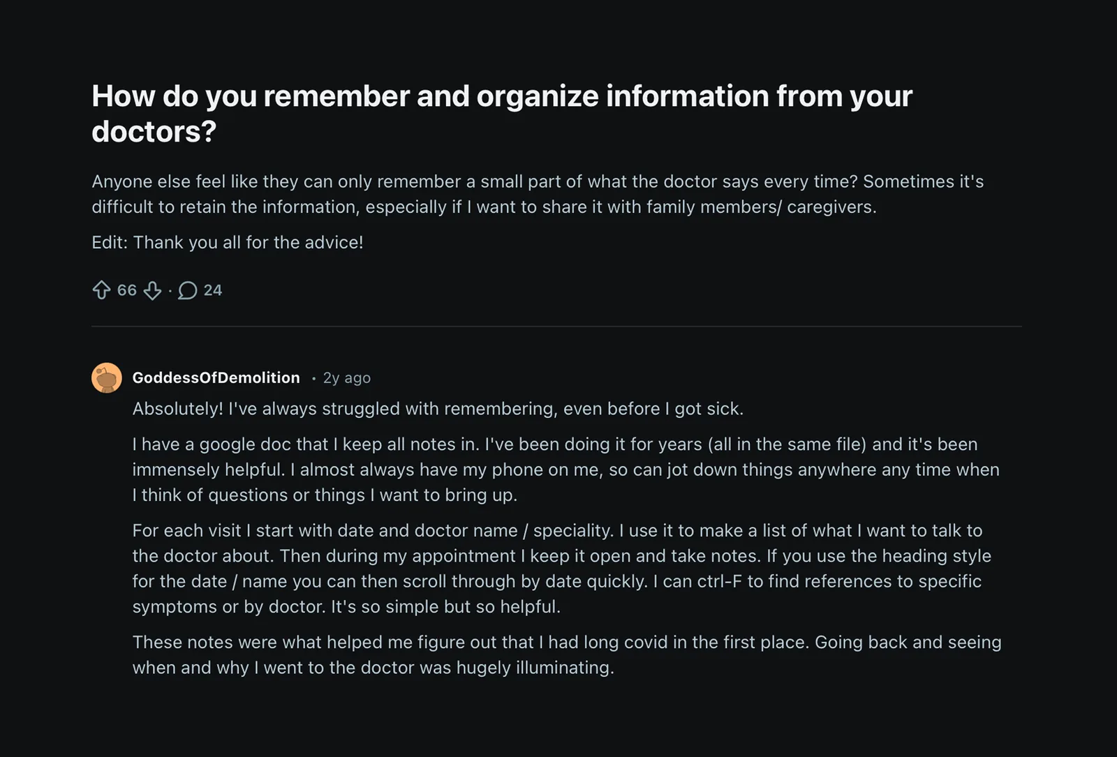 Reddit post: How do you remember and organize information from your doctors?