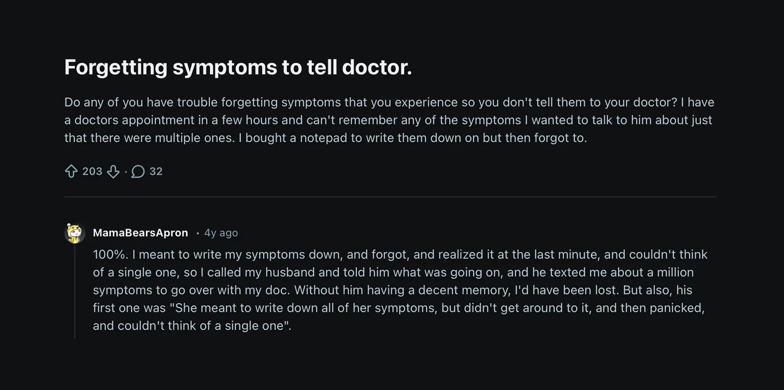 Reddit post: Forgetting symptoms to tell doctor