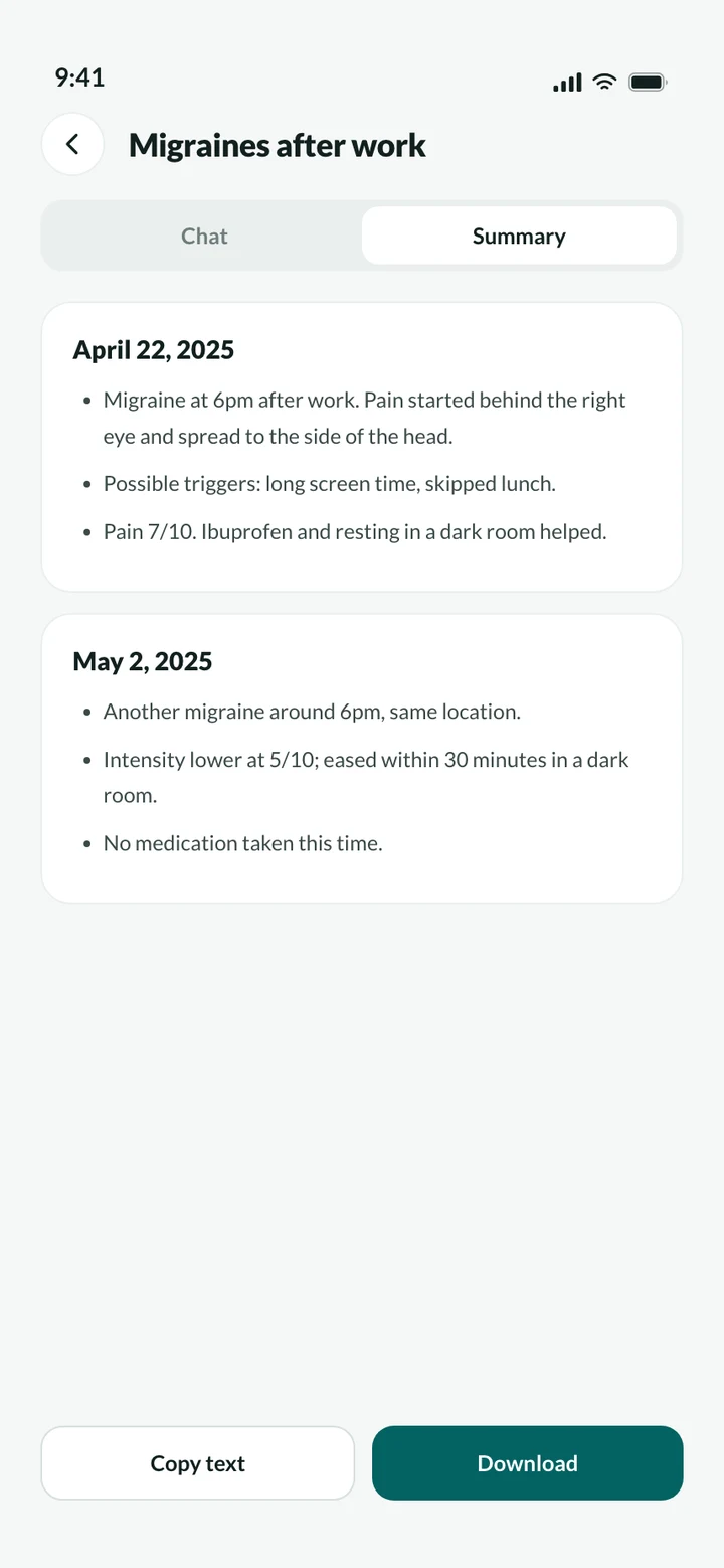 Doctor-ready summary broken down by date and time