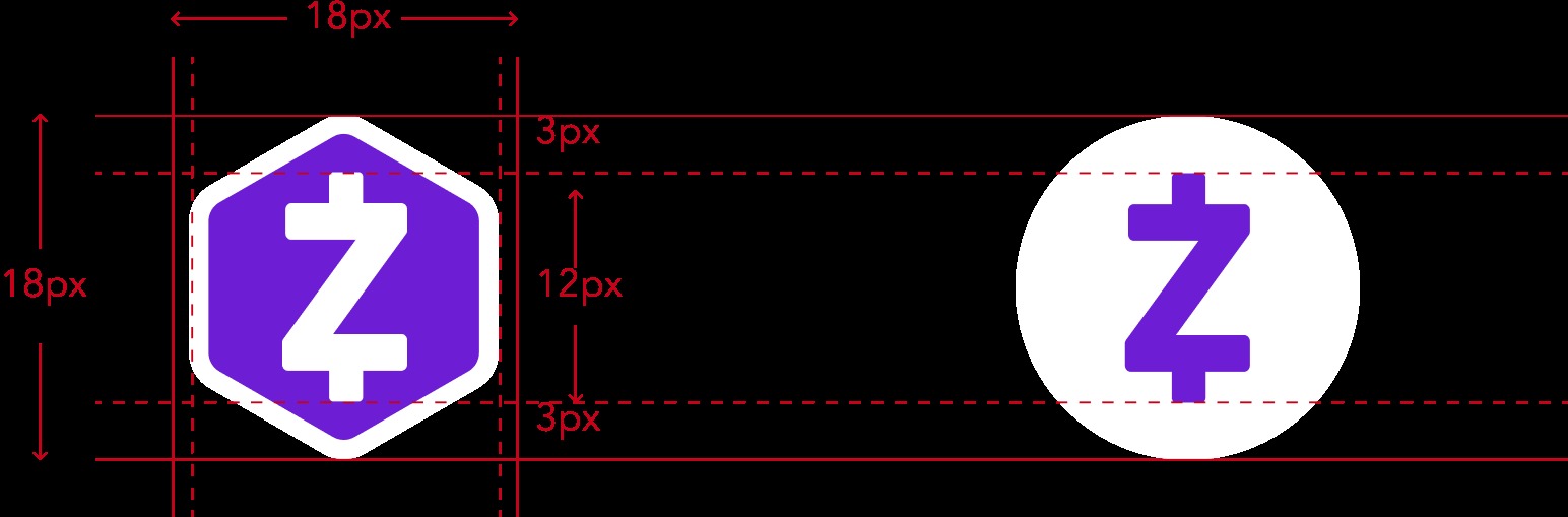 Pixel-level construction spec for the verified Zelle avatar mark, dimensioned at 18 by 18 pixels.