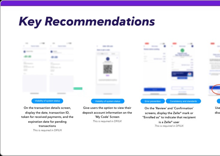 Key recommendations slide with annotated phone screens, each tagged to the heuristic it resolves.